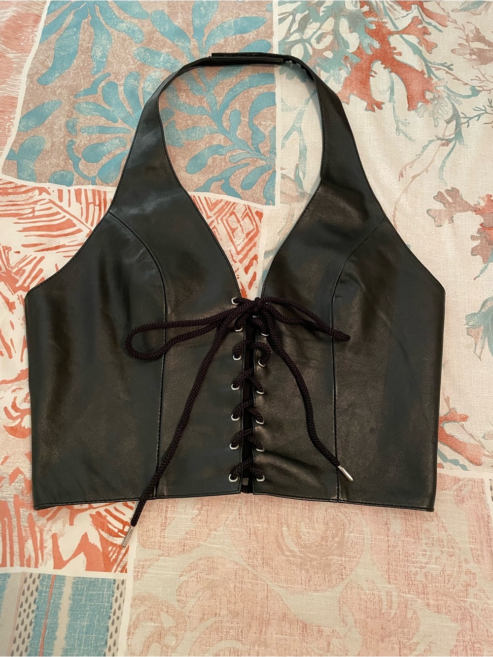 Black Genuine Leather Lace-Up Halter Crop Top